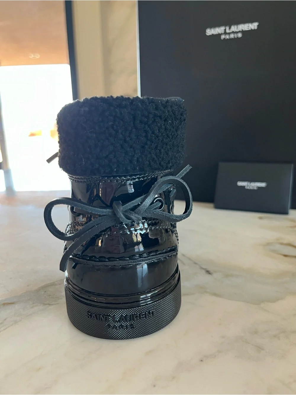 Saint Laurent Men’s Black Patent Leather Shearling Hi-Top Sneakers size 40 US 7